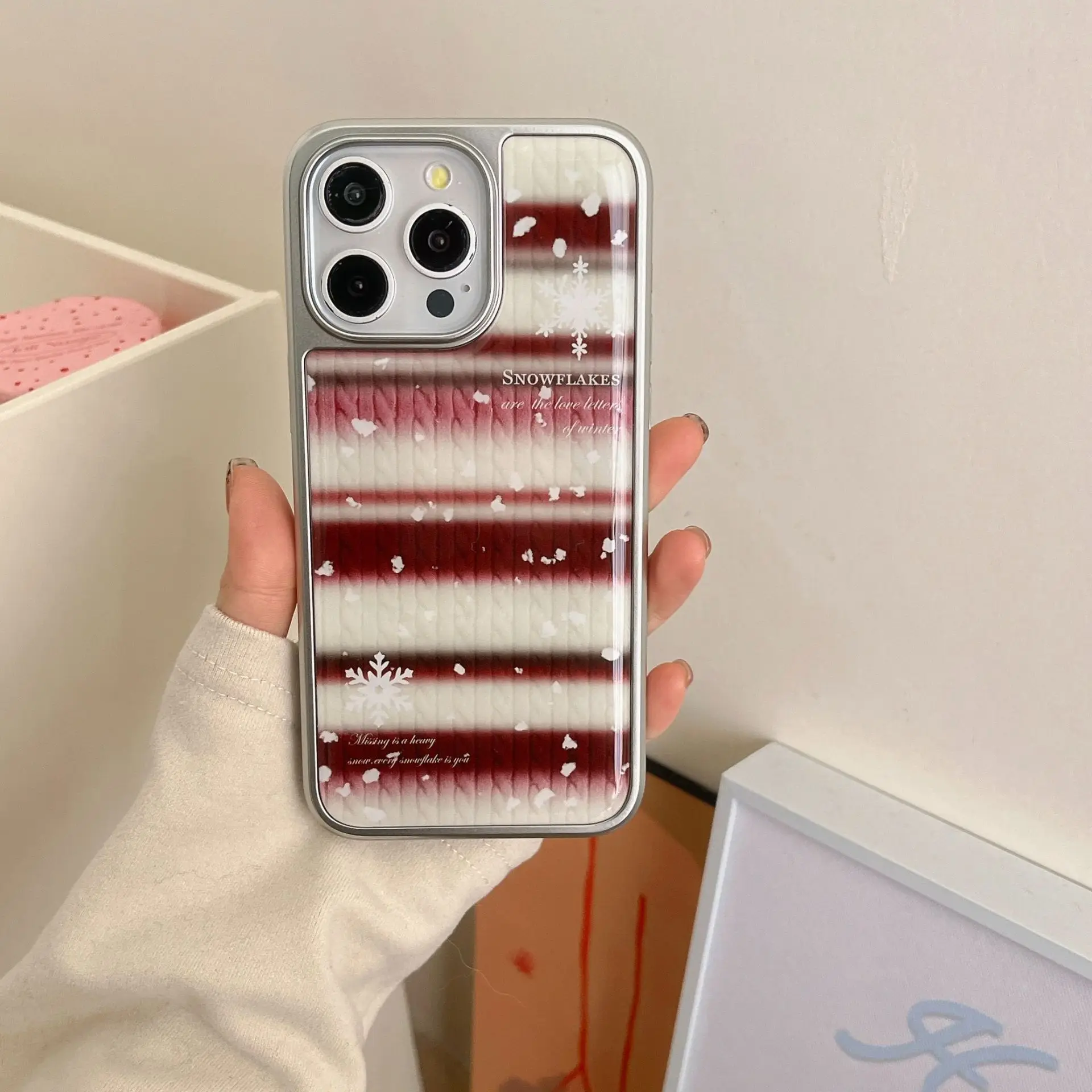 겨울용 눈송이 스웨터 뜨게 아트 휴대폰 케이스, 귀여운 럭셔리 스위트 도금 드롭 글루 커버, 아이폰 16 15 14 13 프로 맥스 케이스