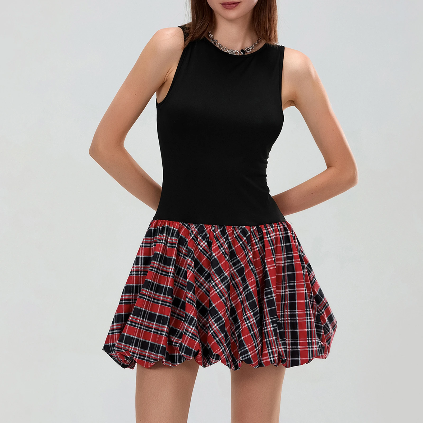 ผู้หญิงแขนกุดชุดลําลองฤดูร้อนลายสก๊อตพิมพ์ชุดมินิปาร์ตี้สําหรับ Beach Club Streetwear หญิง Vestido