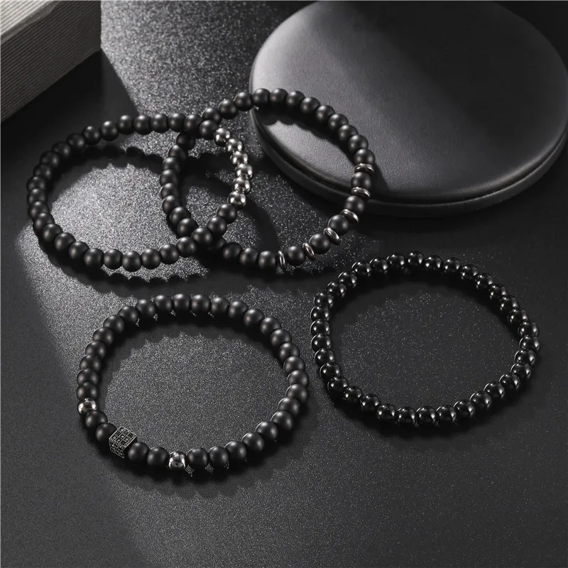 Unique Men Bracelet Set Black Onyx Stone Beaded Braclet Hematite Healing Braslet Luxury Zirconia Brazalete Gifts For Him Pulsera