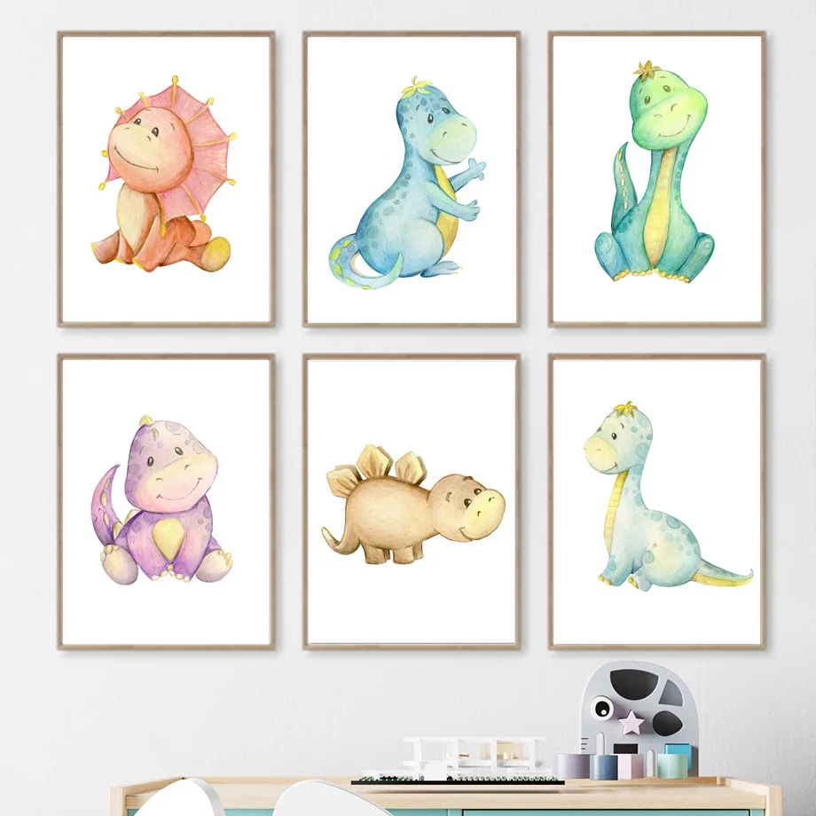 

Funny Cartoon Watercolor HD Dinosaur Nursery Wall Art Canvas Painting Nordic Poster And Prints Wall Pictures For Kids Room Decor