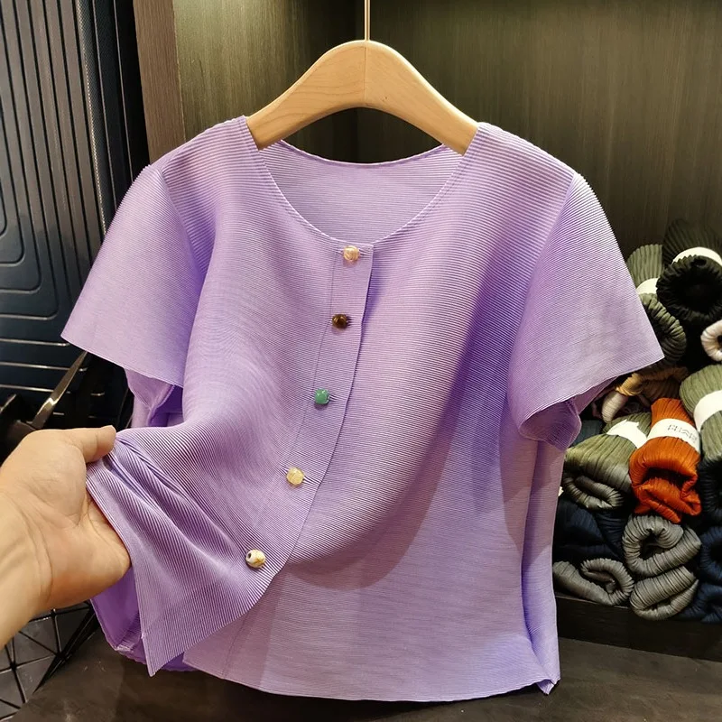 

Miyake Pleated Shirt 2025 Summer Solid Simple Fold Short Top Women Short Sleeve Pleat Jacket Korean Version Colour Cardigan Tide