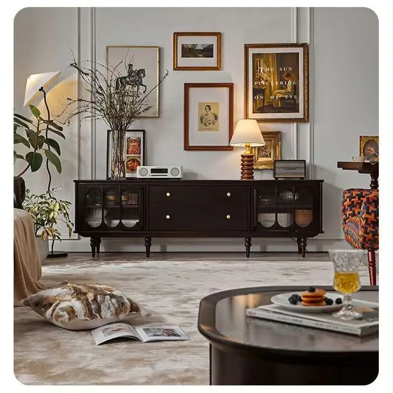 خزانة تلفزيون حديثة من الخشب الصلب، غرفة معيشة بسيطة فاخرة أمريكية خفيفة مع طاولة قهوة #3