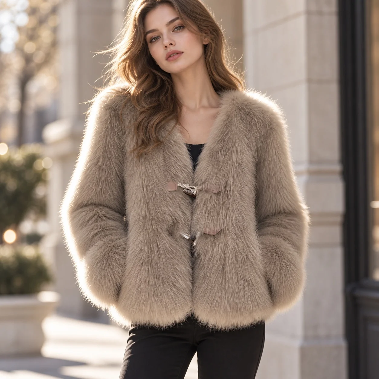 Long Sleeve V Neck Coat Regular Length Sexy with Button Closure British Style No Hood Winter Elegant Commuter Women Coat