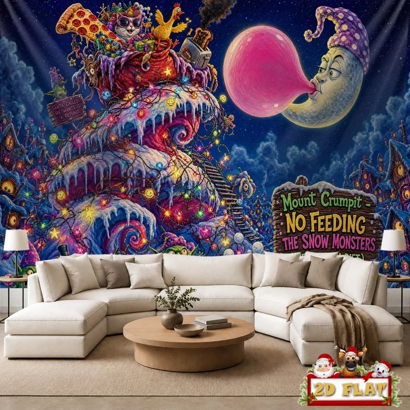 VIKAMA Santa Sleigh Reindeer Tapestry, Moonlit Christmas Village Mountains, Xmas Wall Hanging for Living Room Bedroom