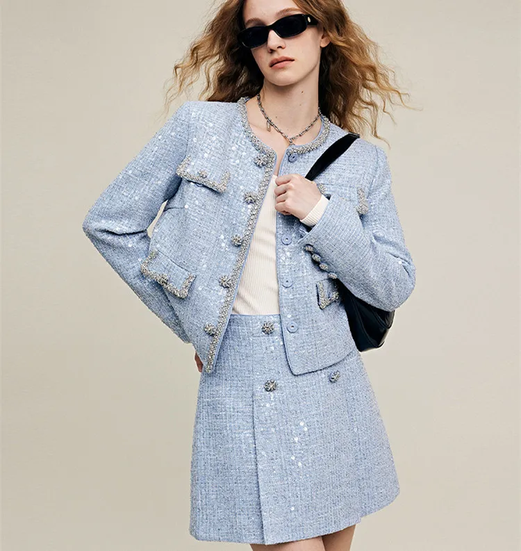 Women's Sequined Woolen Tweed Coat, Round Neck, Long Sleeved, Diamonds, Short Jacket, Cardigan, Outerwear, Designer, Luxury