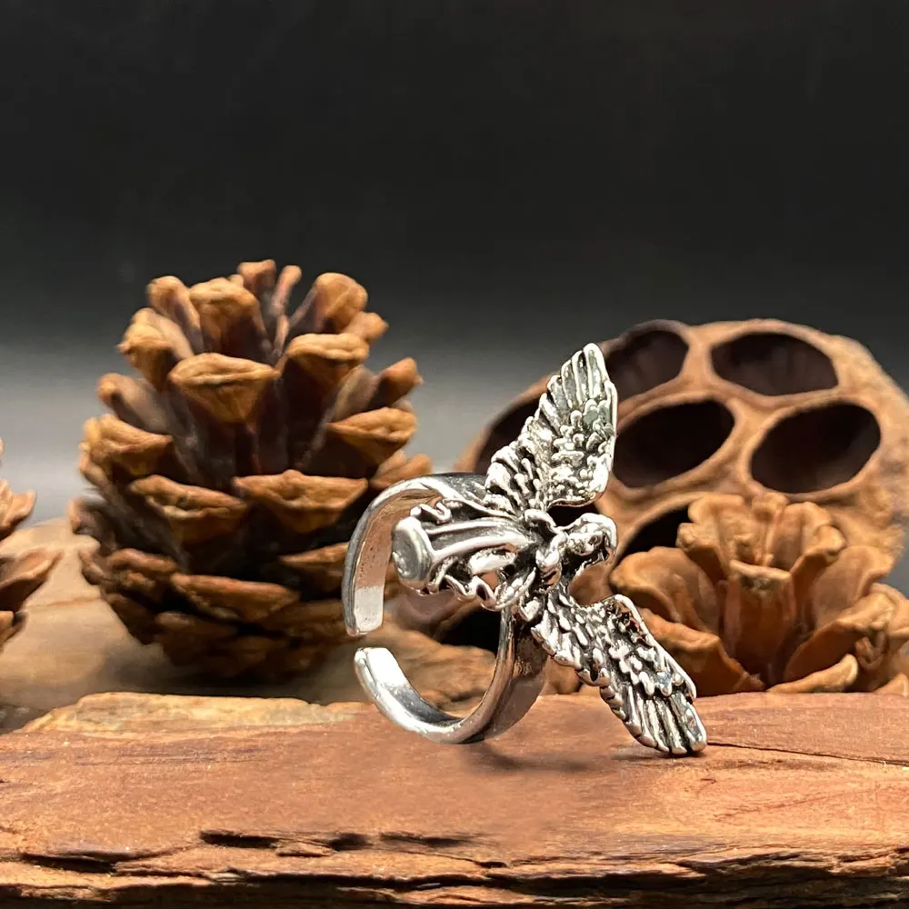 Gothic Angel Wing Ring Adjustable Wide Band Unisex Dark Vintage Jewelry