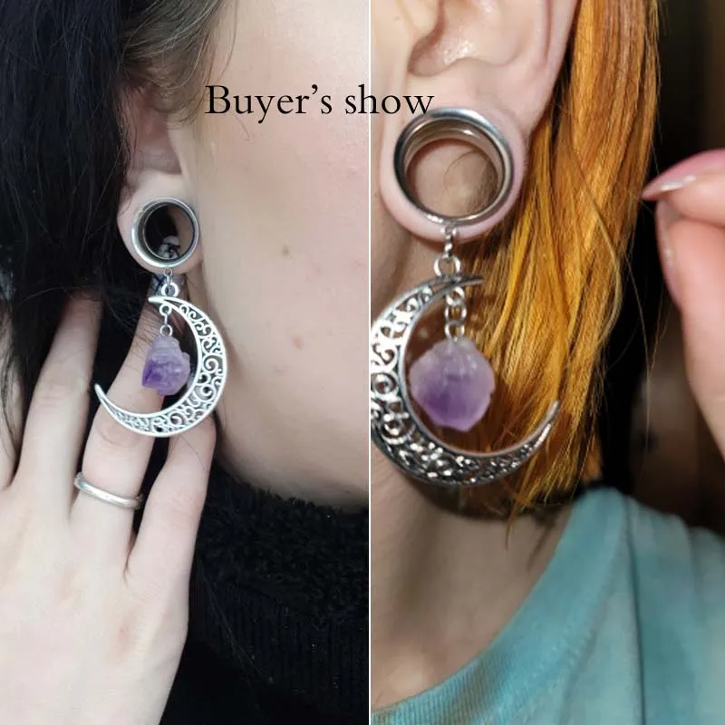 2 Pieces Natural Stone Moon Pendant Ear  Plugs Ear Gauges ScrewFlesh Tunnel Ear Piercing Stretcher Expander Body Ear Reamer