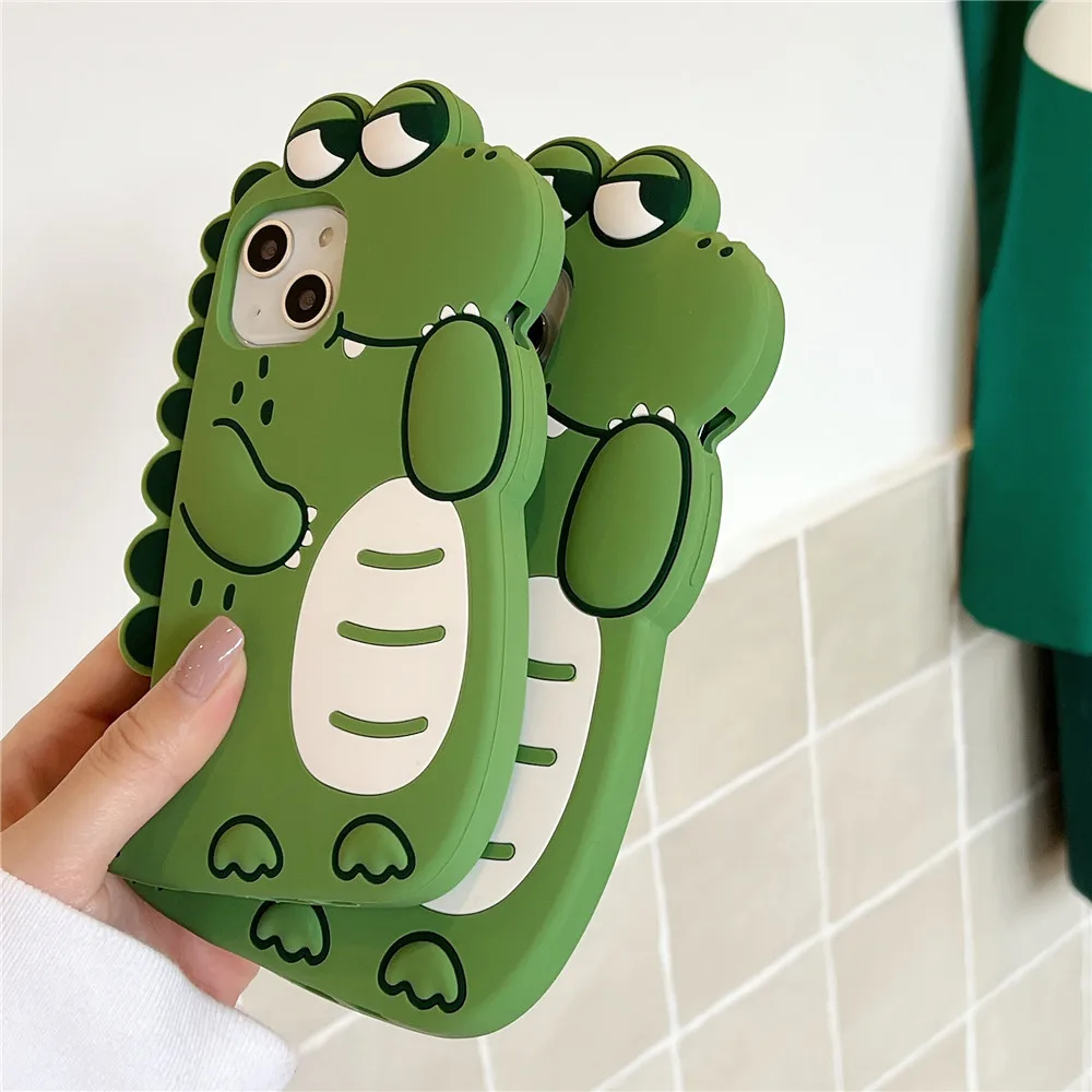 Cute Green Animals Silicone Phone Case for iPhone 15 14 13 12 11 Pro Max Xr Xs Max X 8 7 6 Plus Shockproof TPU Rubber Back Cover