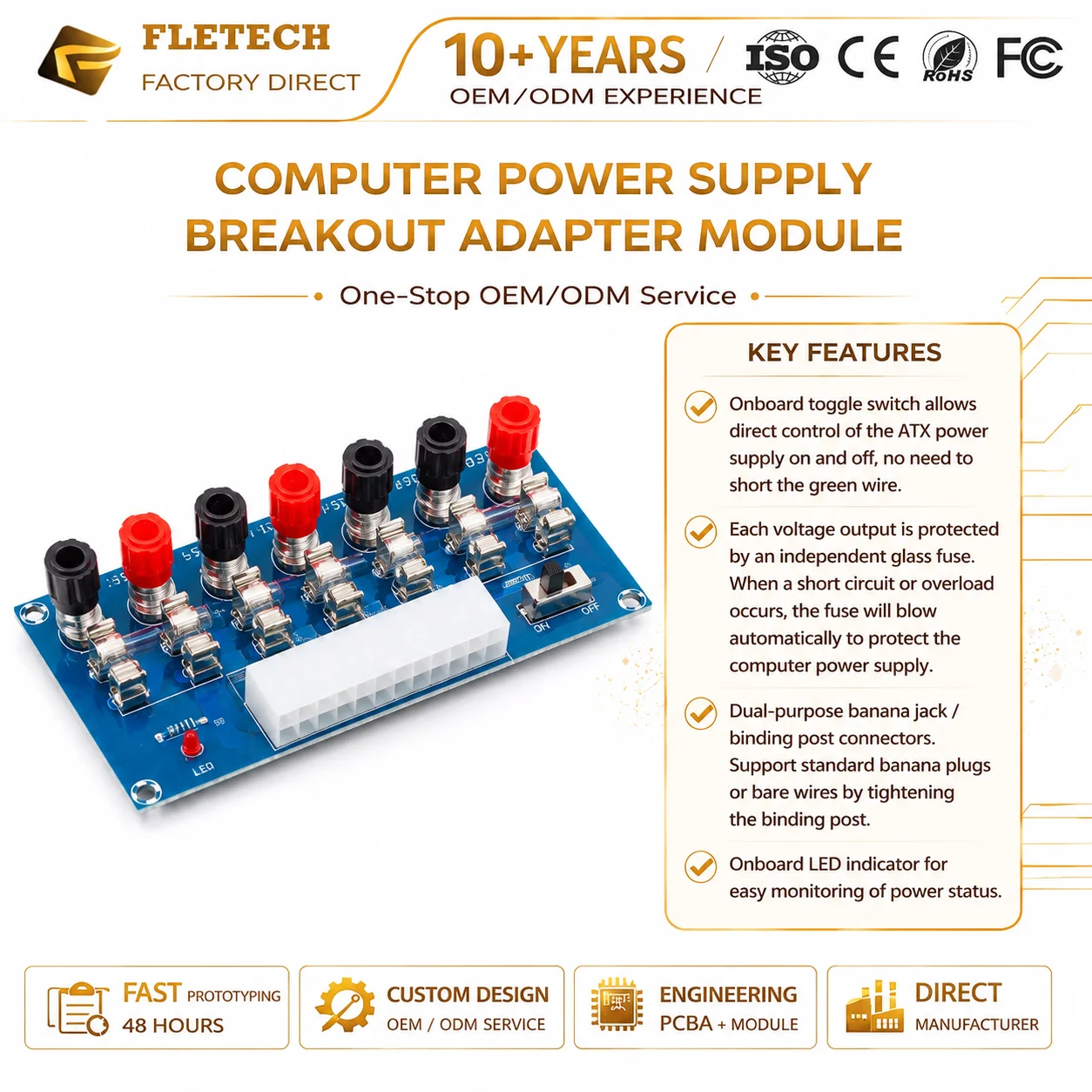 Desktop PC ATX Power Supply Adapter Board 24Pin Output Terminal Benchtop Power Module with USB 5V Port and Insulation Plastic Ba