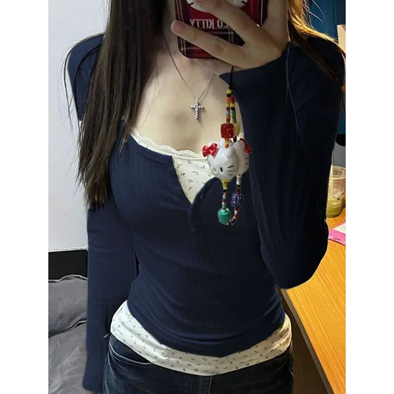 Mulheres streetwear falso duas peças camiseta y2k estética grunge retalhos rendas camisetas femininas outono inverno magro bottoming topos