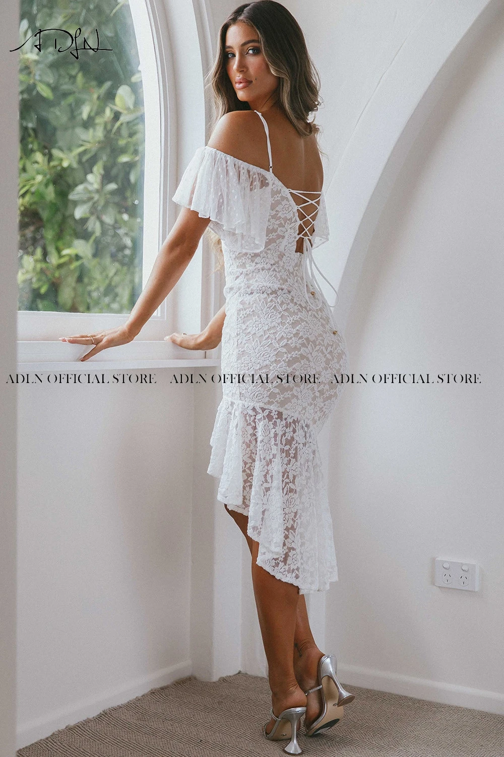 ADLN Asymmetric Lace Wedding Reception Dresses Plunging Neckline Corset Little White Gown Mermaid Birde Dress