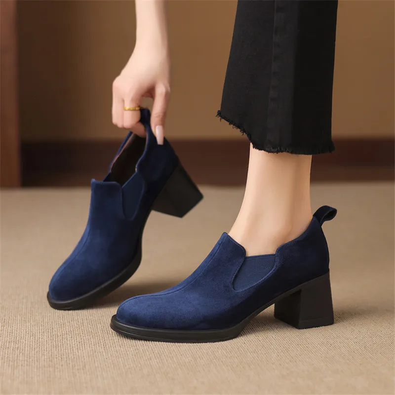 

Новые женские туфли из овечьей замши на весну/осень, модные ретро-туфли с круглым носком, женские туфли на высоком каблуке, женские туфли-лодочки, синие лоферы для женщин