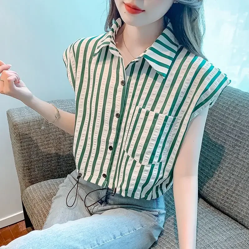 

Casual Fashion Flying Sleeves Striped Shirt for Women's 2024 New Summer Popular Drawstring French Short Sleeves Commuting Top