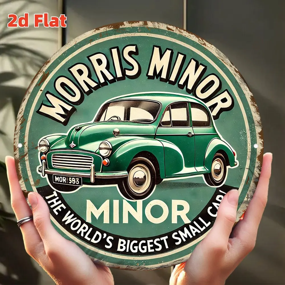 Vintage Morris Minor The World's Biggest Small Car Round Tin Sign, Retro Green Classic Morris Minor Car Metal Wall Art, Rustic G