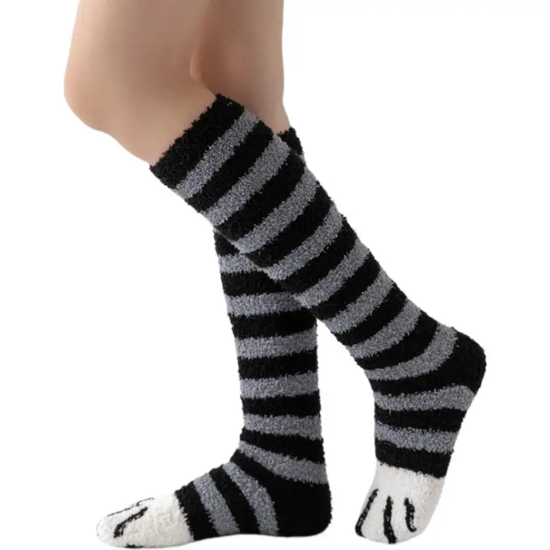 Autumn Winter Coral Velvet Socks Cute Cat Claw Socks For Women Girls Middle Tube Thickened Sleep Socks Floor Socks Slipper Socks