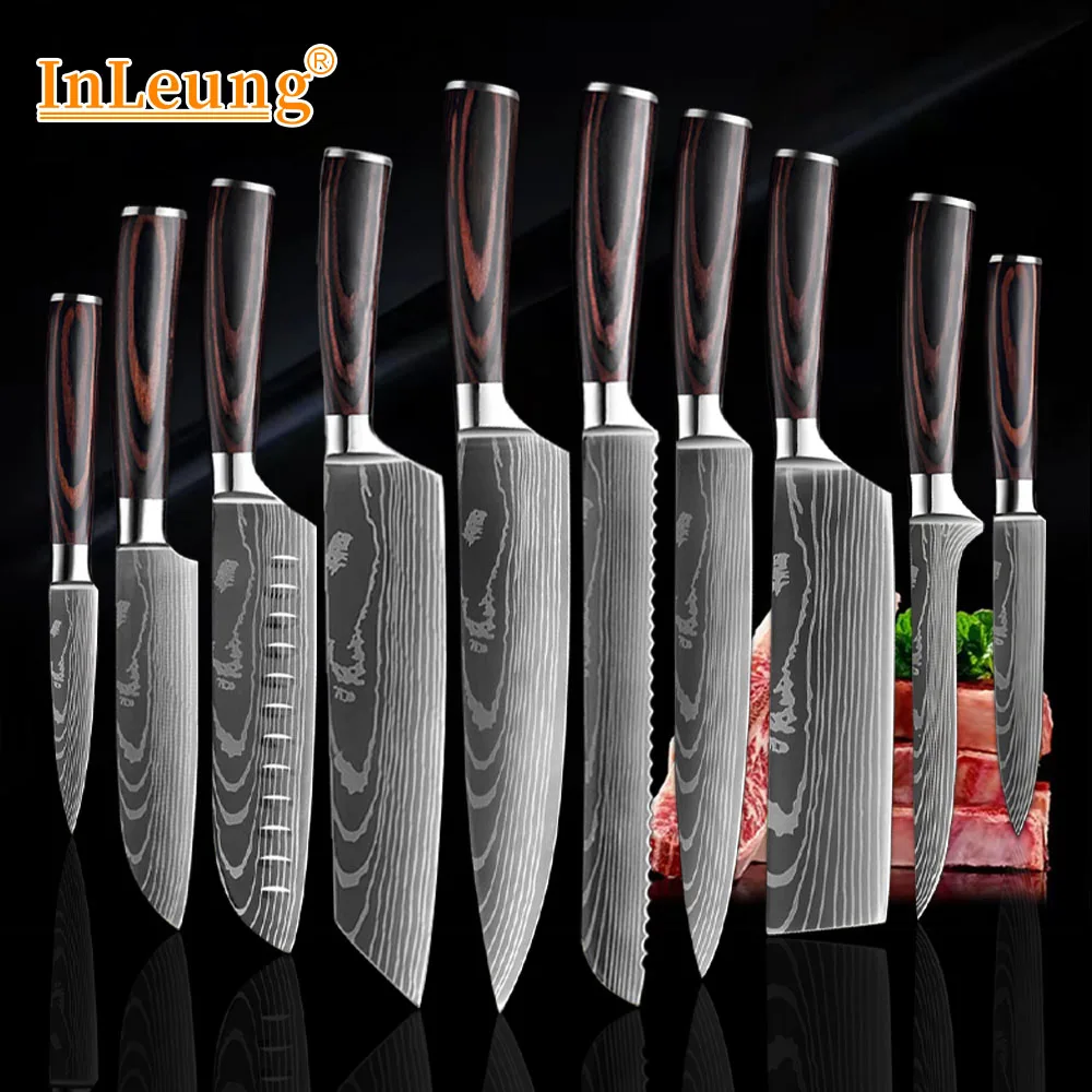 Professionelles Kochmesser Küchenmesser Laser-Damast Holzgriff Ausbeinmesser Fleischbeil Allzweckmesser Japanisches Santoku-Messer