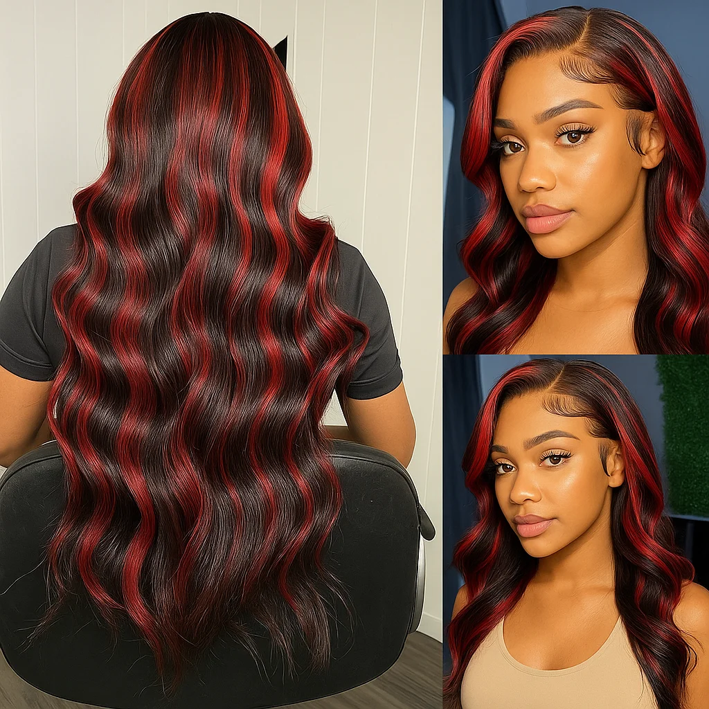 قبل قطع 5x5 شعر مستعار بدون صمغ ارتداء الشعر البشري والذهاب الجسم موجة بورجوندي تسليط الضوء على الباروكات 1B 99J أسود مع شعر مستعار أحمر اللون للنساء