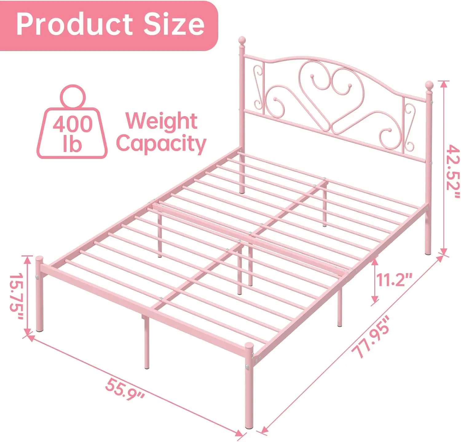 Bed Frame with Headboard, Heavy Duty Metal Platform Under Bed Storage Space No Box Spring Needed, Pink