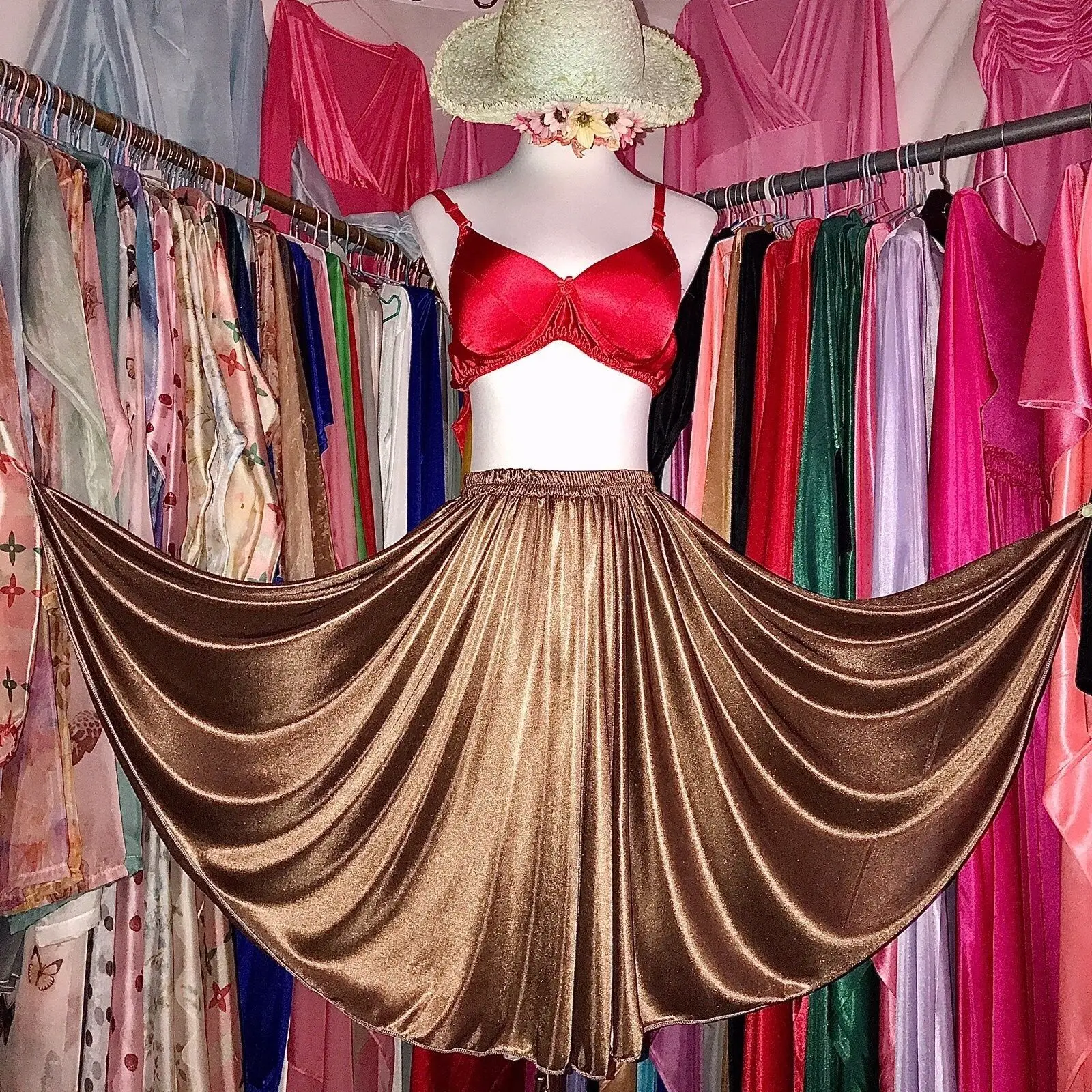 Length50-55cm الصيف الحرير الحرير مثير المرأة عالية الخصر ميدي تنورة لامعة قيعان فضفاضة #4