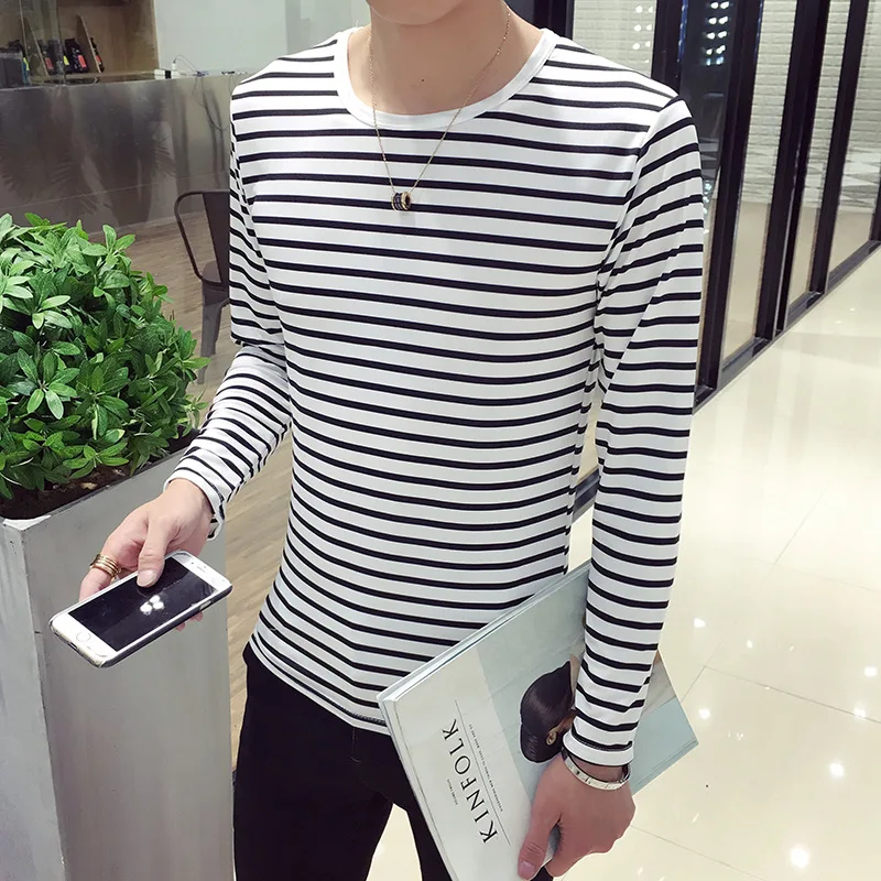 Striped T-shirt Men Long Sleeve Shirt Trendy Black White Striped Tops for Men Harajuku Casual Base Shirt Invisible Undershirt