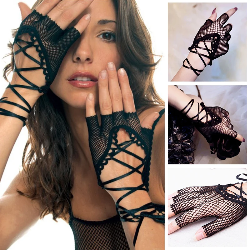 Fishnet Mesh Gloves Lace Wrist Band Mittens Goth Punk Rock Lolita Gloves Black Short Glove Half Finger Gloves Bride Party Gifts