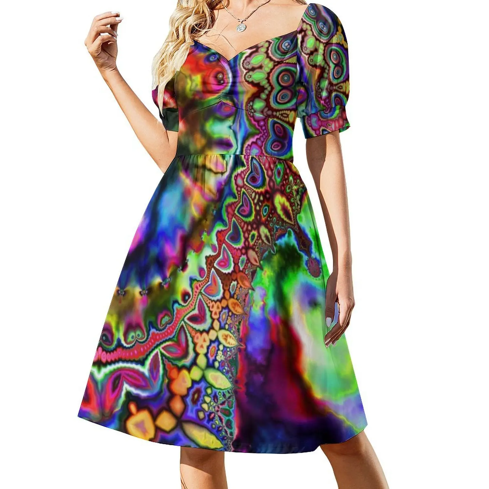 Sukienka w stylu koreańskim dla kobiet, elegancka sukienka codzienna na imprezę lub do noszenia na co dzień, tęczowy fraktal, psychodeliczna, trippy.