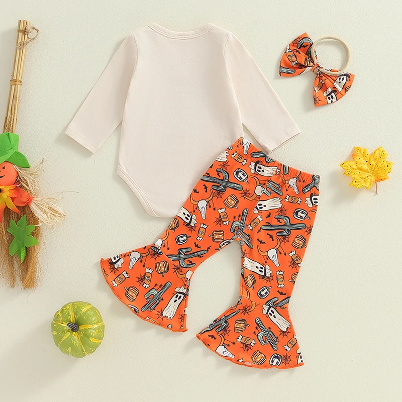 2024-05-24 Lioraitiin 0-18M 3Pcs Baby Girl Halloween Outfits Long Sleeve Romper + Bell Bottoms + Headband Set Western Clothes