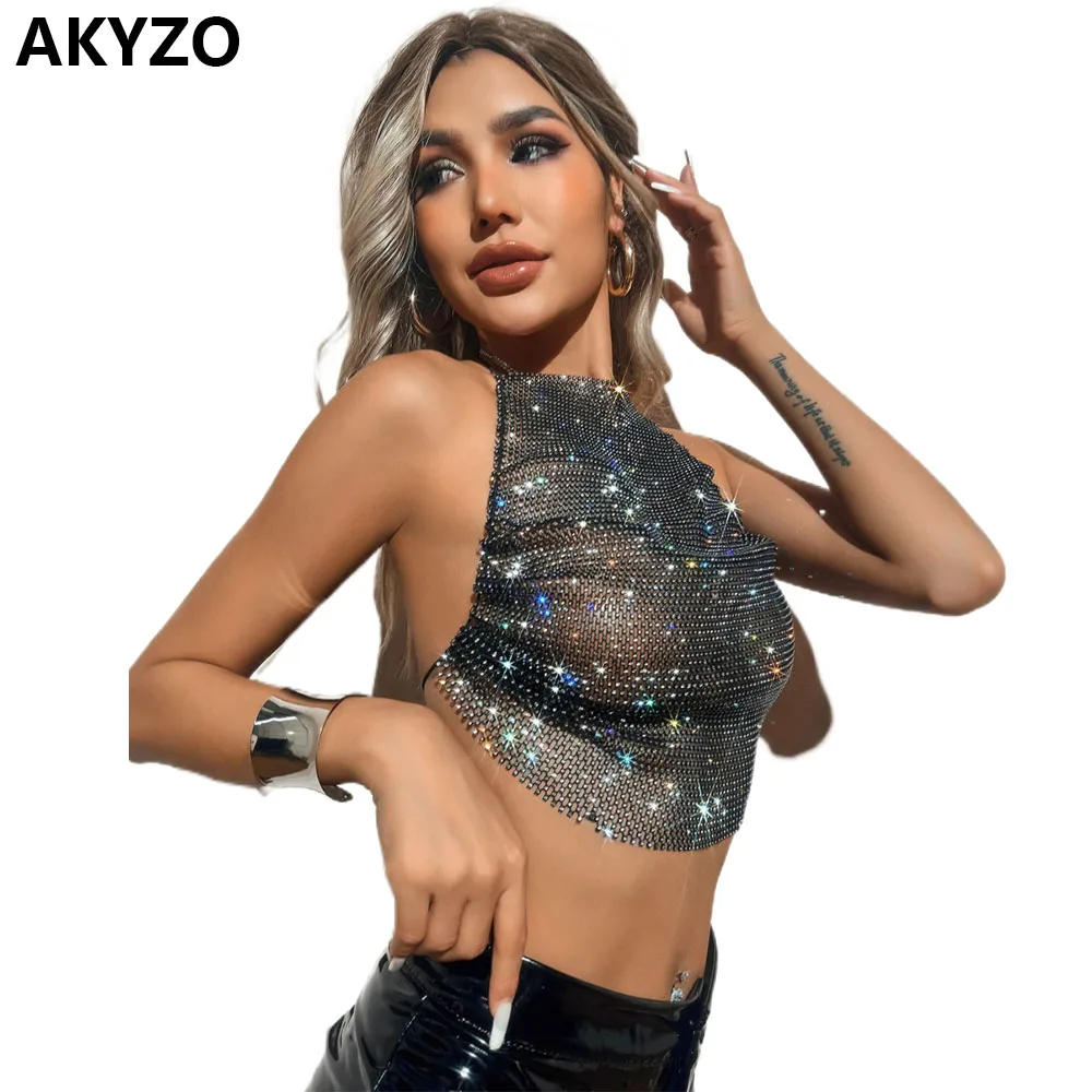 AKYZO Mesh Rhinestone Embellished Camisole Top Pleated Top Sexy Mesh Diamond Top Party Performance Clothing