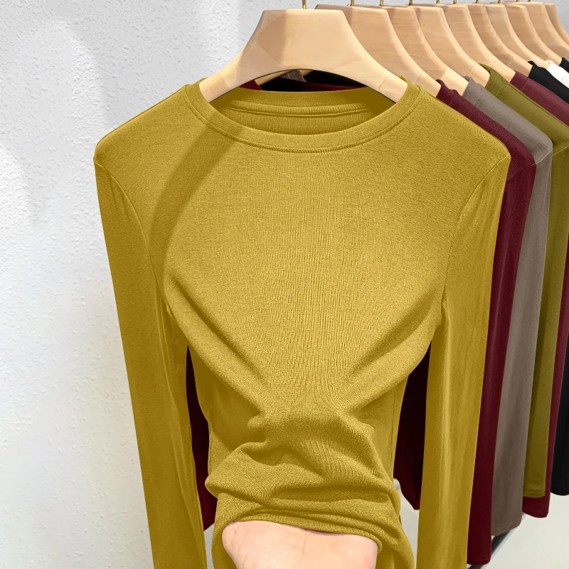 

Long Sve round Ne T-irt Women's Base irt Early Autumn Top Faion Brand Simple Sle Slim Fit Pure Color Commute Wind