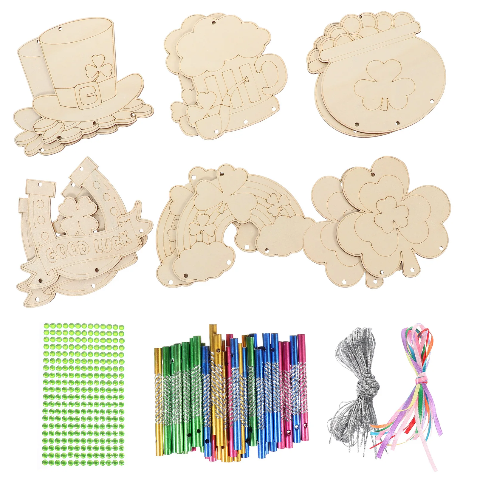 

1Set Wooden Wind Chimes DIY Kit St Patrick Day Hanging Decor Garden Balcony Unfinished Blank Wind Chime DIY Supply