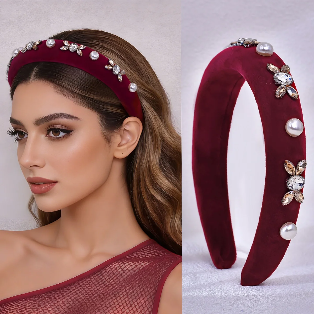

Новинка: винтажная бордовая бархатная повязка на голову, повязка для волос с жемчугом и стразами, модный аксессуар для волос из губчатого материала для женщин SA83