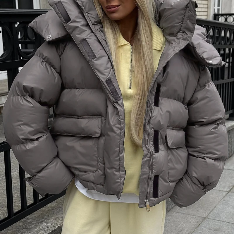 Kapuzenjacke mit Großen Taschen, Übergroße Gefütterte Jacken für Damen, Street-Style, Stehkragen, Lange Ärmel, Reißverschluss, Einfarbig, Lose Pufferjacken, Neue Oberbekleidung – Detail 6