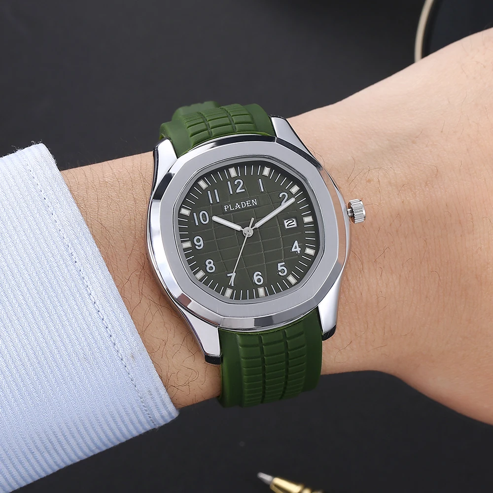 Classic Hand Grenade Dial Watch For Men Sports Silicone strap Quartz Watch Fashion Auto Date Green Wristwatch Man Free Shipping