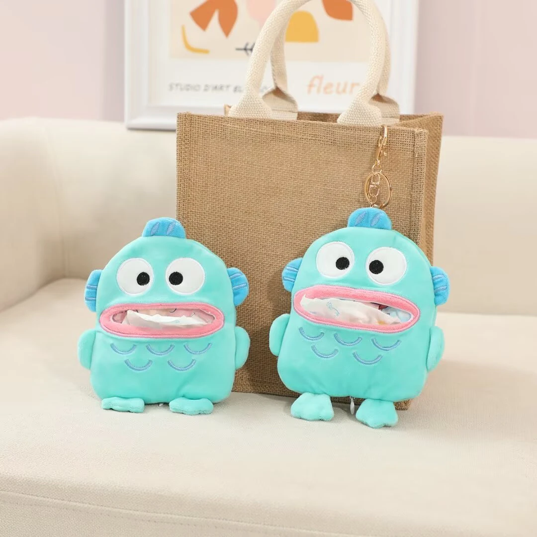 Sanrio hangyodon pingente capa de tecido peixe feio hanton conjunto de tecido pendurado saco portátil chaveiro pingente anel pendurado caixa de tecido