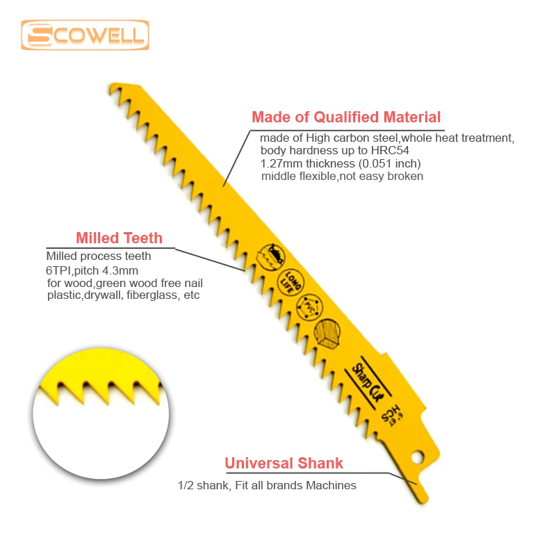 5 Pack 6Inch 6TPI Universal Shank High carbon steel Reciprocating Sabre Saw Blades Jigsaw Blades Fit For Cutting Wood Plastic