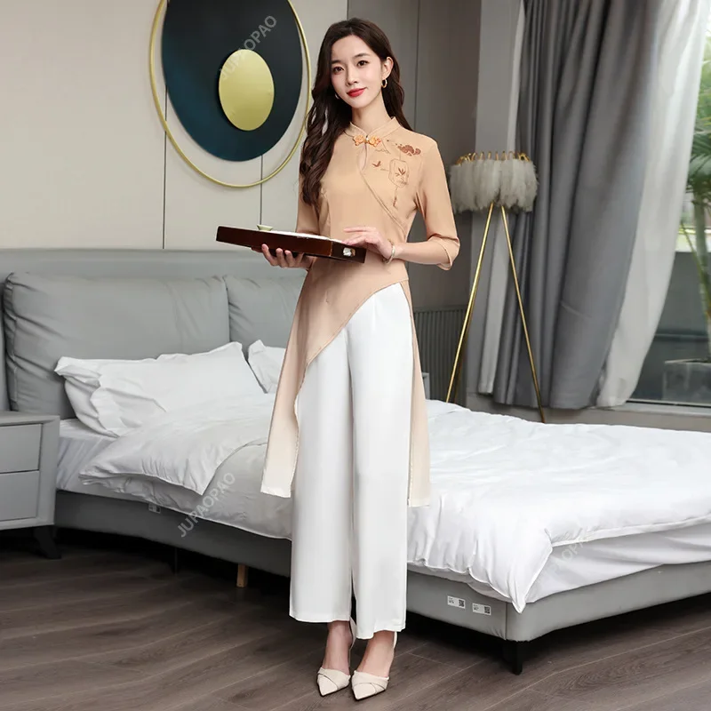 Elegant Temperament Zomer Jong Meisje Chinese Retro Jurk Zoete Schoonheidsspecialiste Spa Uniform Massage Werkkleding Dames Schoonheidsspecialiste Set