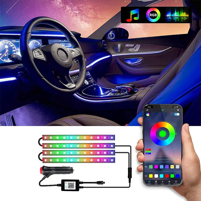 Interior Car Lights,12 LED Car LED Strip Light,Car Led Interior Lights, Bluetooth APP Control,Multi DIY Colour Music