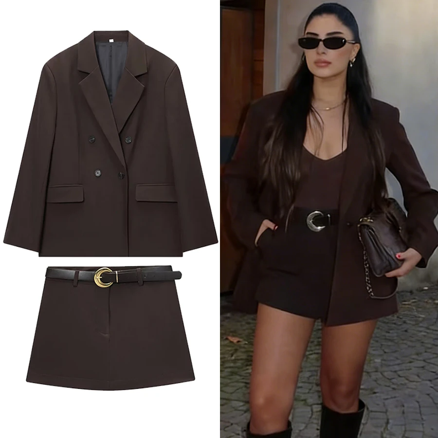 

Women Office Chocolate Brown Suit Women V Neck Double Button Blazer Belt Mini Shorts Skirt Fashion Vintage Female Sets