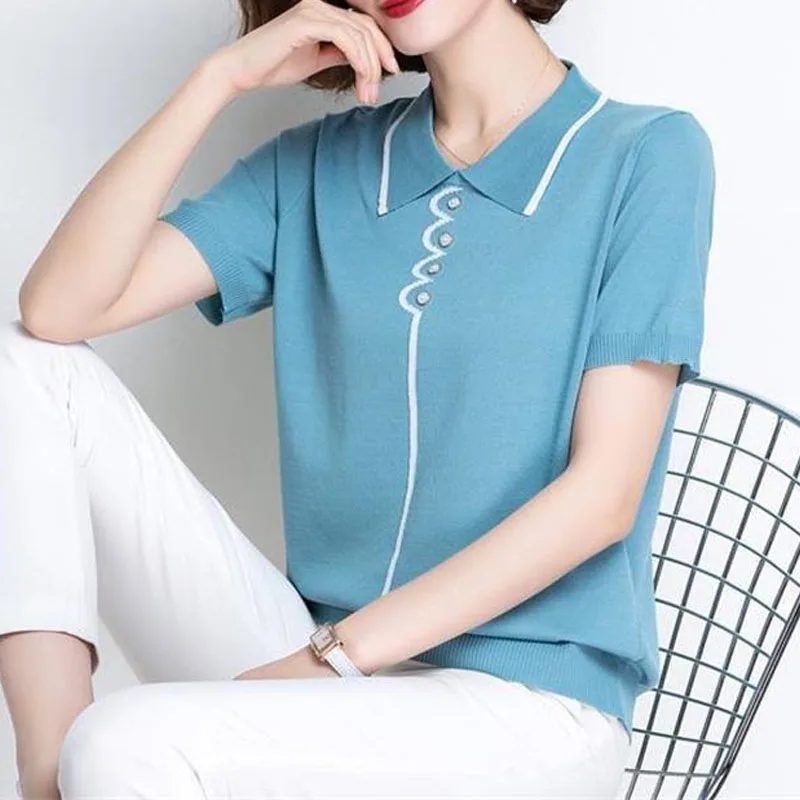 2023 Summer Lady New Square Neck Button Sweater Tops Women Casual Comfortable Fashion Refreshing Elegant T-shirt