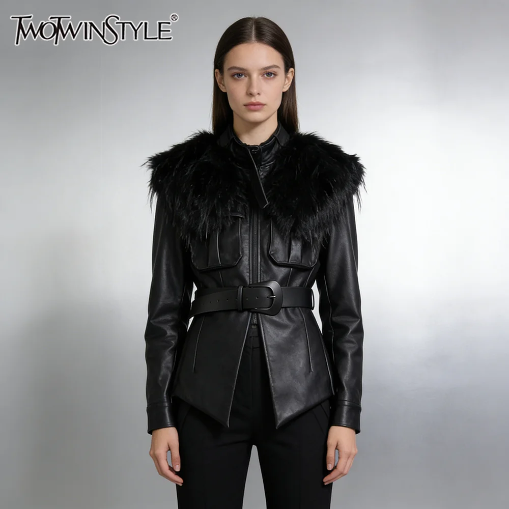 

TWOTWINSTYLE Solid Spliced Belt Leather Jackets for Women Stand Neck Long Sleeves Patchwork Detachable Fur Collar Jacket Female