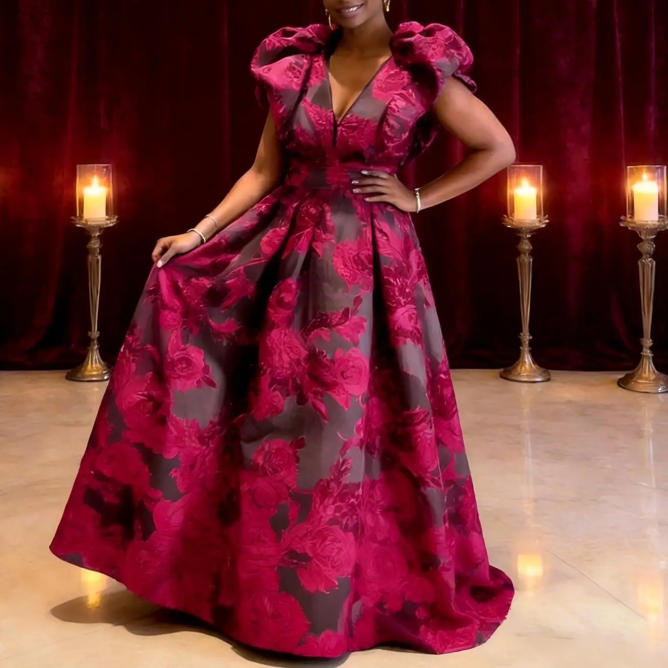 Abito da sera a trapezio in jacquard floreale bordeaux 2026 con maniche a sbuffo, lunghezza al pavimento, abito formale da festa, taglie forti, per invitati a matrimoni