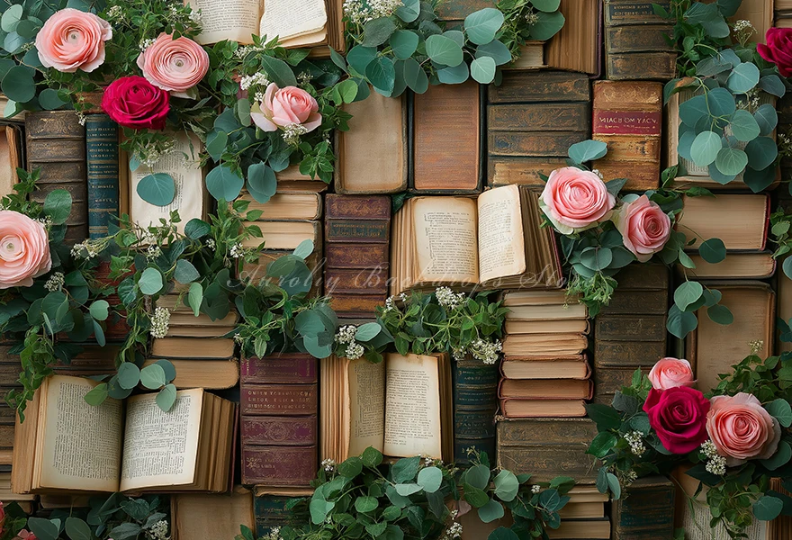 Wall Of Vintage Books Adorned With Roses And Greenery Backdrop Kids Adult Photography Props Child Baby Photocall Backgrounds