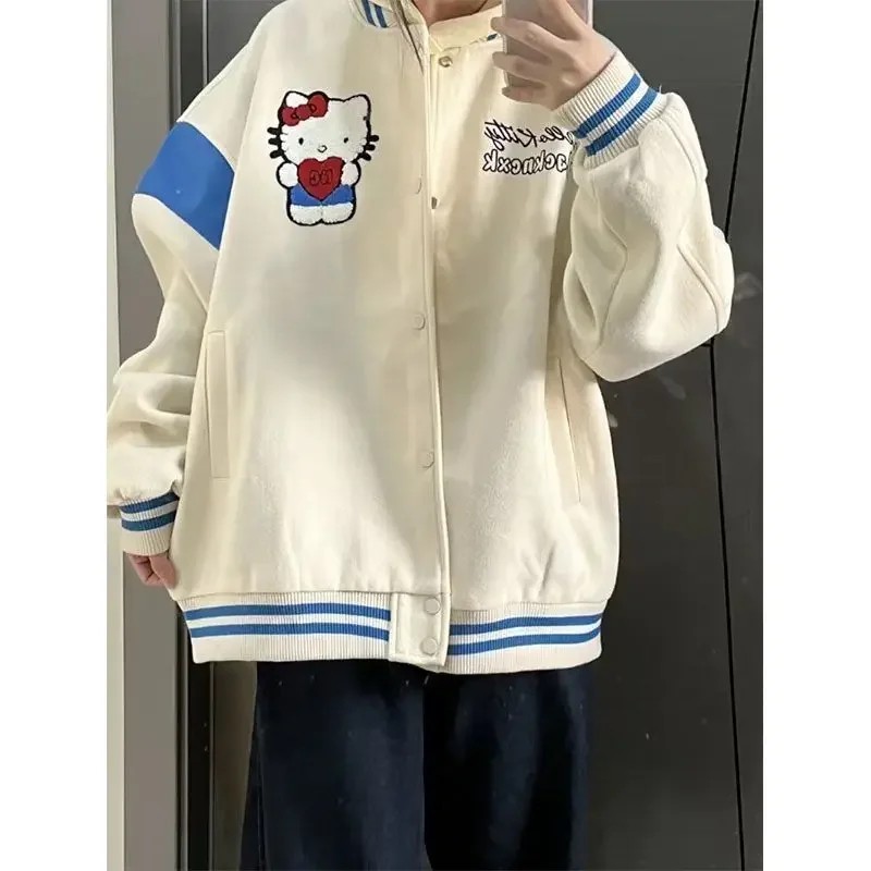 Preppy Hello Kitty Embroidered Patchwork Baseball Jacket Loose Autumn Winter Loose Casual Jacket Coat Women Harajuku Clothes Top