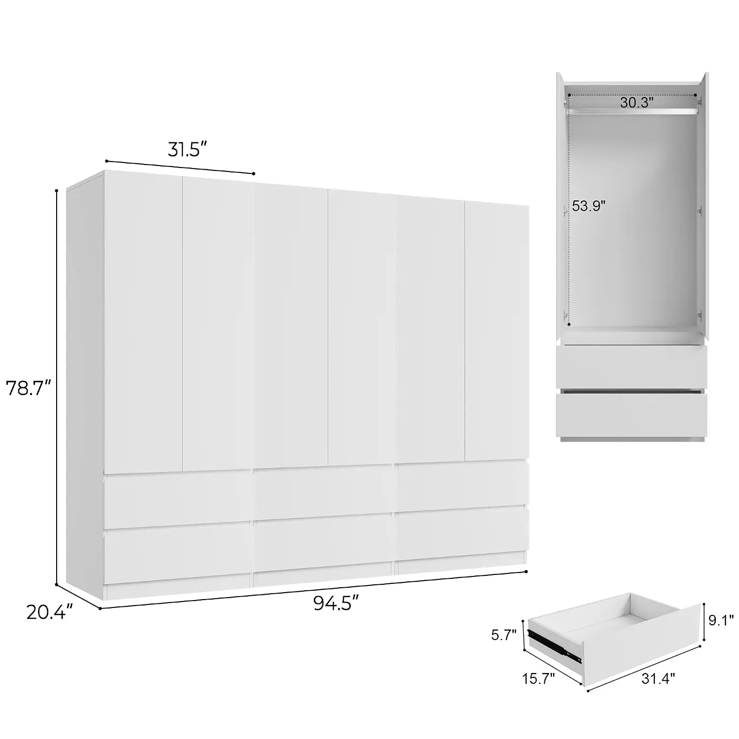 Armoire Wardrobe Closet with 6 Doors, Wooden Wardrobe Cabinet with 6 Drawers, Hanging Rod & Shelves, Freestanding, Customized