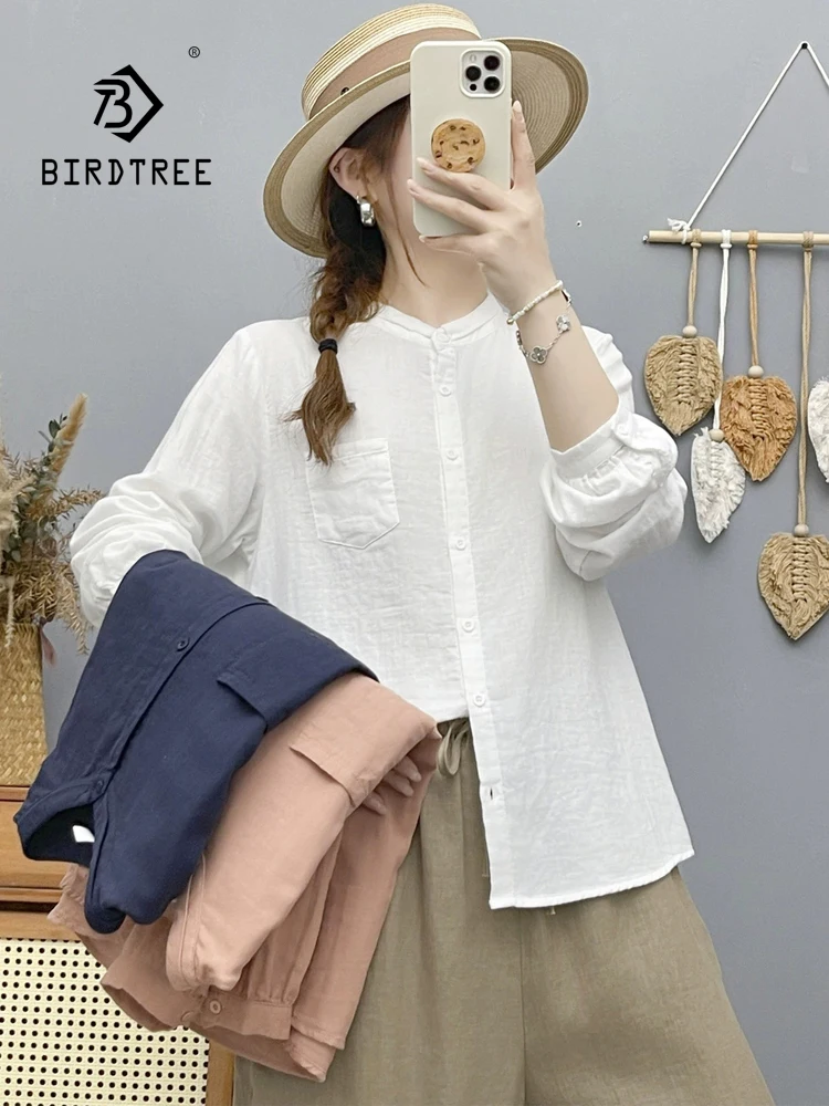 New 2026 Autumn Women Cotton Yarn Long Sleeve Shirt, Stand Solid, Mori Girl Basic Simplicity Comfortable Loose Blouse T6O455CC