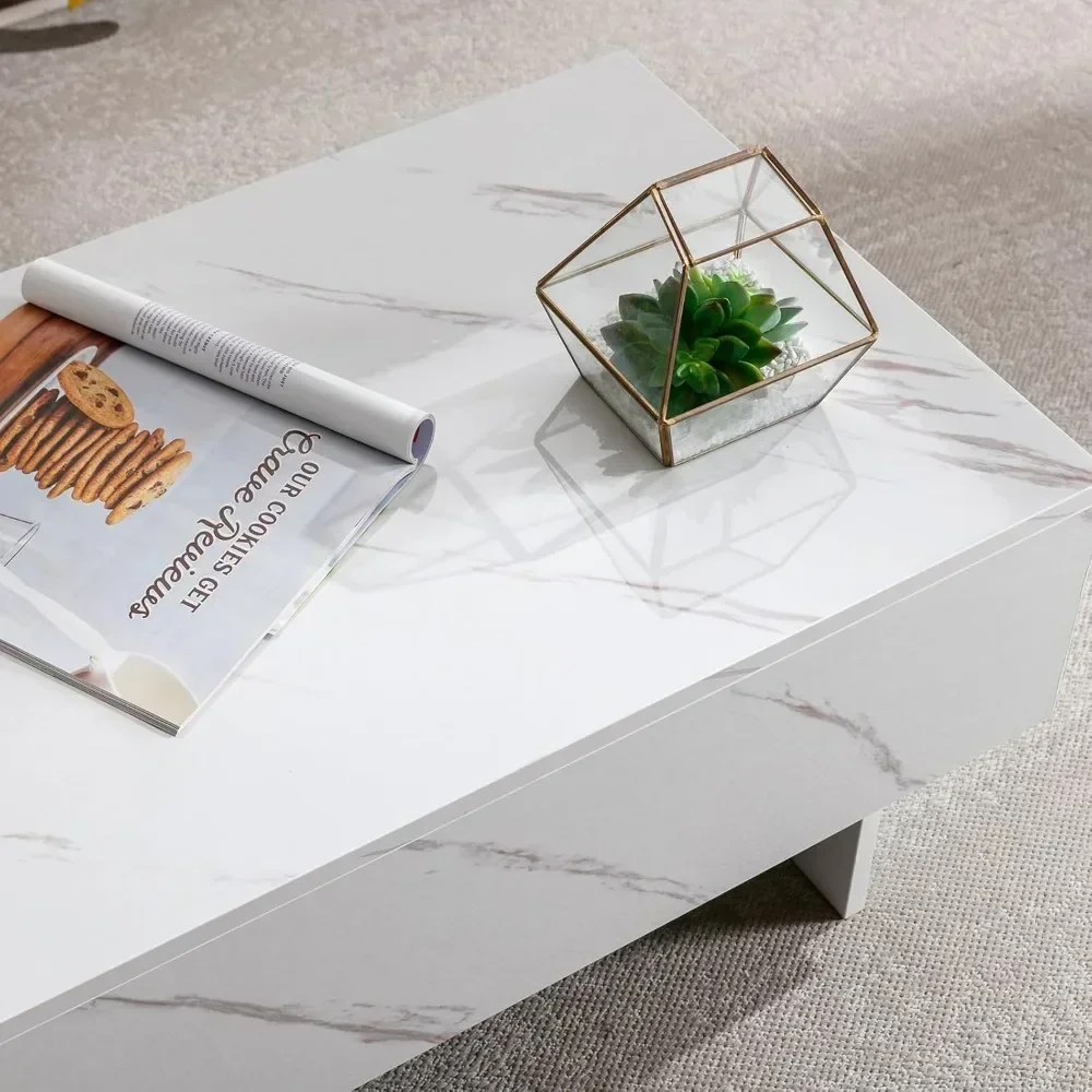 41" Marble White Cool Coffee Table for Living Room,Rectangular Glossy Smart Contemporary Center Table for Waiting Area