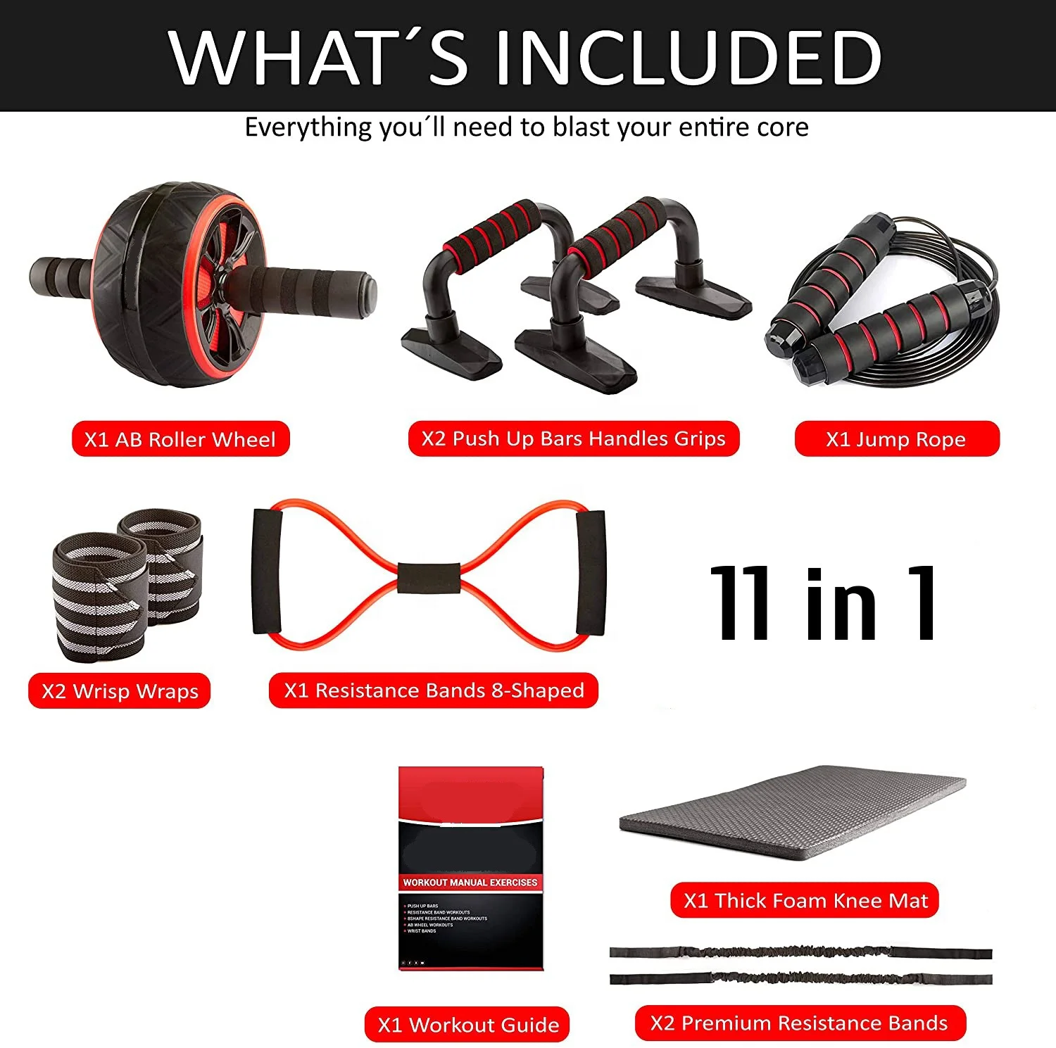 11-in-1 Abdominal Exercise Muscle Training Abs Ab Wheel Roller Set EVA Iron Steel-for Home Yoga Use