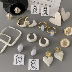 AENSOA White Enamel Acrylic Heart Drop Earrings for Women Geometric Round Square Portrait Pattern Dangle Earrings Party Jewelry