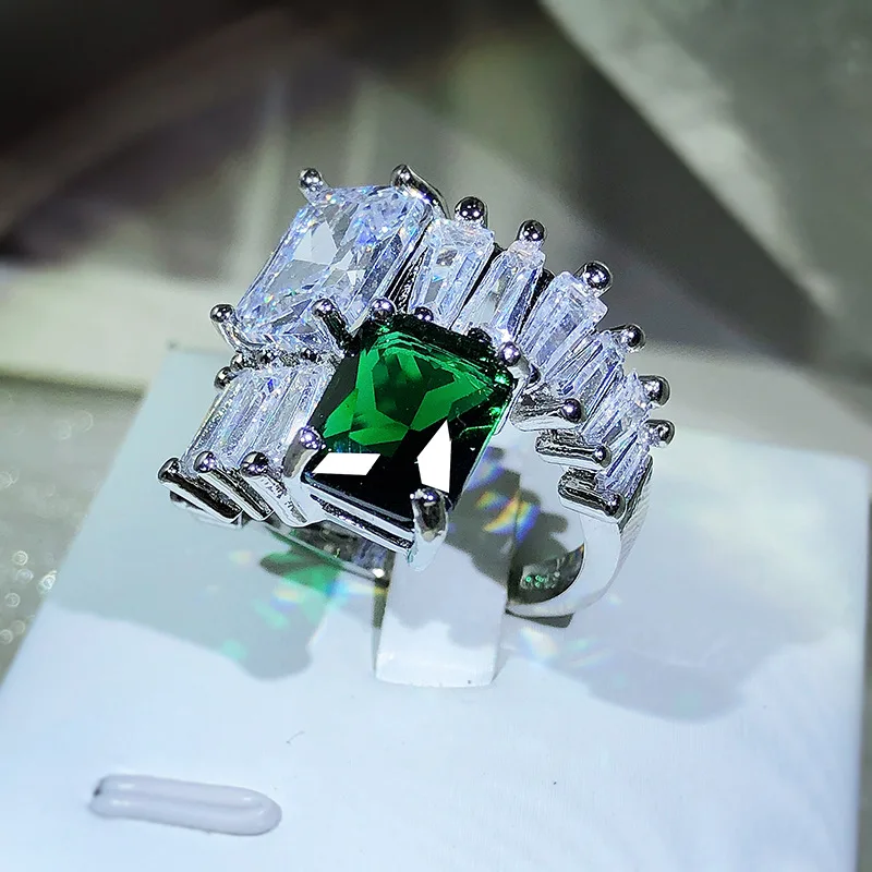

Luxury Princess Square Emerald Oval Diamond Opening Adjustable Couple Ring For Women Silver-Plated Geometric Engagement Jewelry