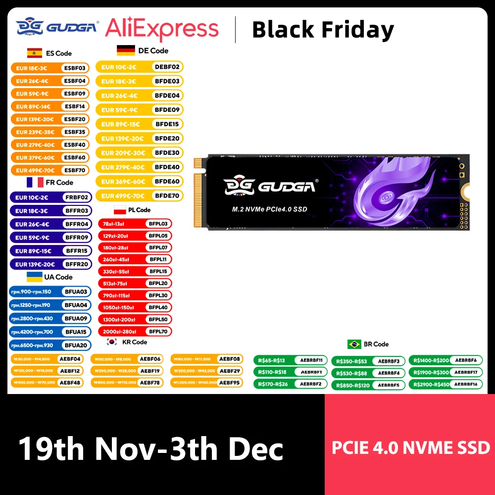 

GUDGA 7200 МБ/с SSD NVMe M.2 2280 4 ТБ 2 ТБ 1 ТБ 512 ГБ Внутренний твердотельный накопитель PCIe 4.0x4 с радиатором для ноутбука PS5 Настольный ПК